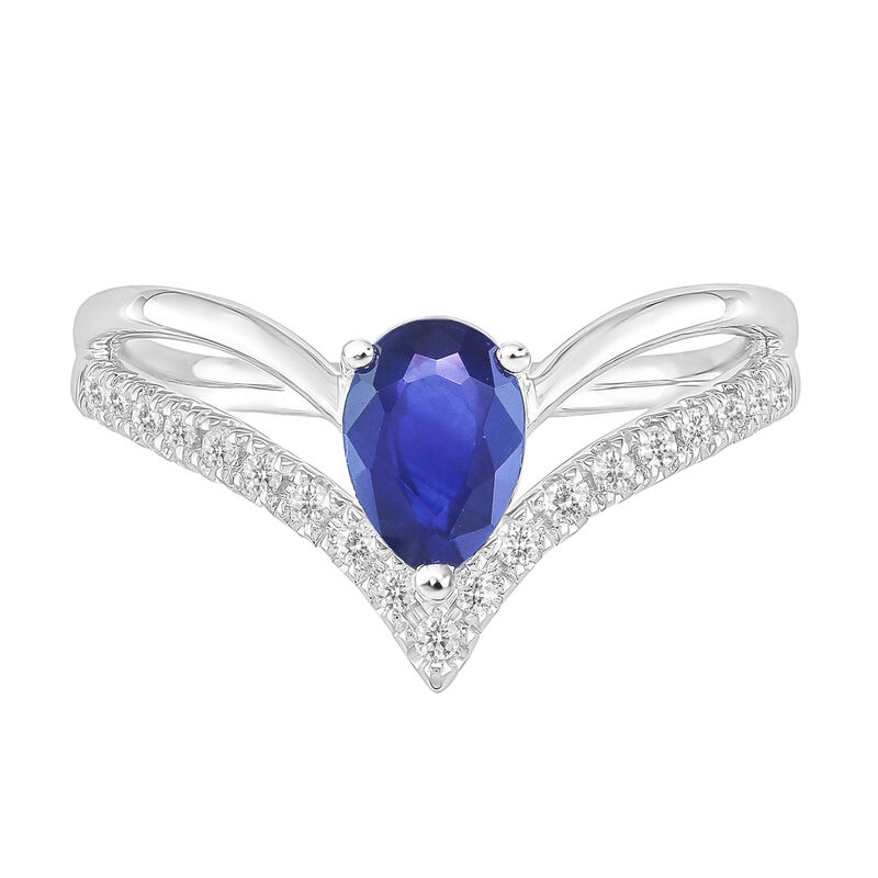 Pear-Shaped Sapphire & Diamond V Style Ring in 10k White Gold image number null