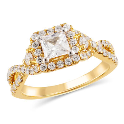 Princess-Cut Lab Grown 1 1/2ctw. Diamond Halo Twist Engagement Ring in 14k Yellow Gold