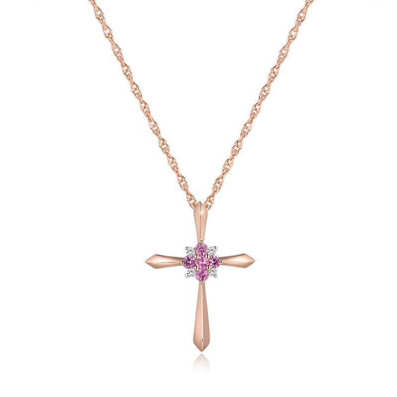 Pink Sapphire & Diamond Accent Cross Pendant in 10k Rose Gold image number null