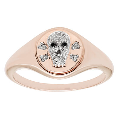 Diamond Skull Signet Ring in 14k Rose Gold