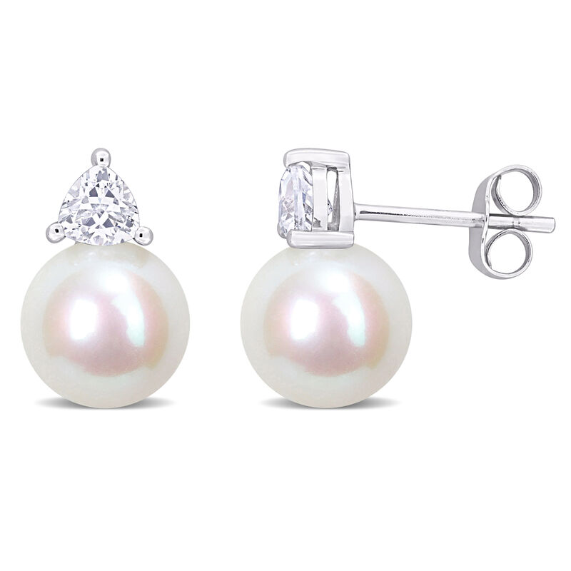 Created White Sapphire & Freshwater Cultured Pearl Stud Earrings in 10k White Gold image number null