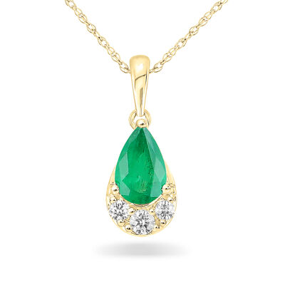Pear-Shaped Emerald & Diamond Drop Pendant in 10k Yellow Gold