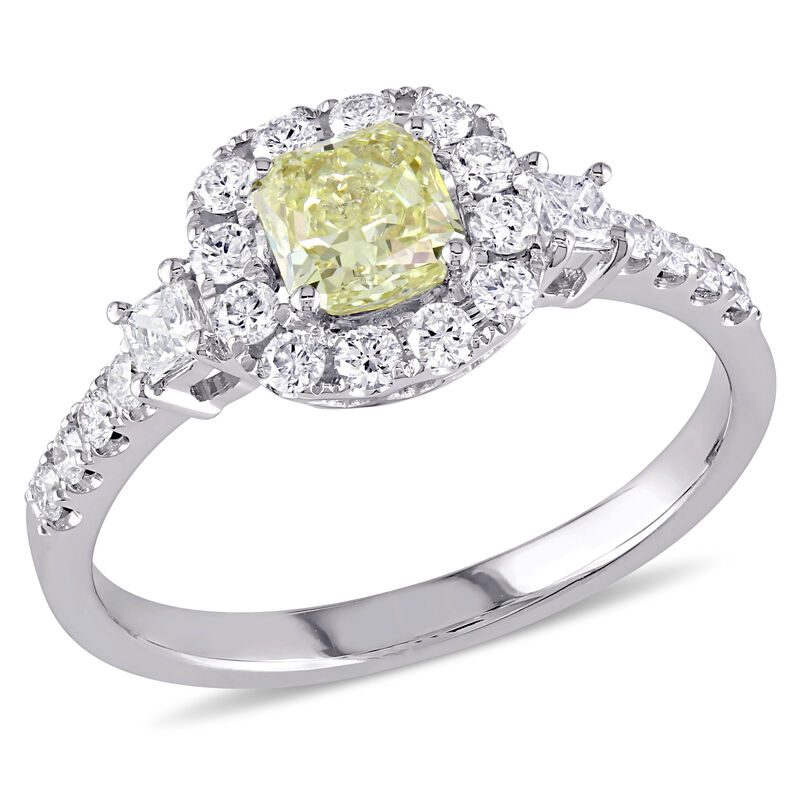 Radiant-Cut 1ctw. Yellow Diamond Halo Three Stone Engagement Ring in 18k White Gold image number null