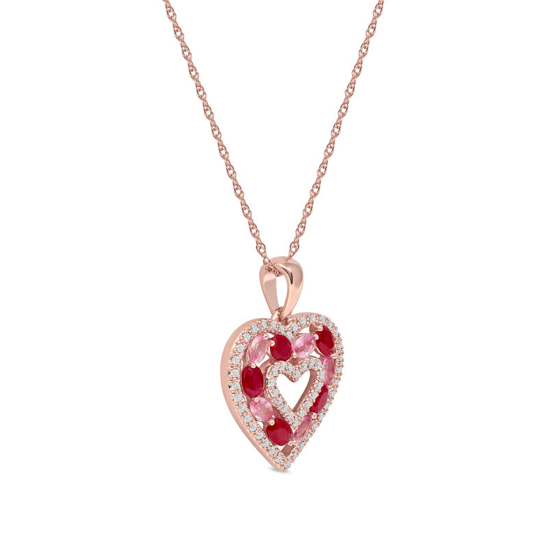Ruby, Pink Sapphire & Diamond Heart Pendant in 10k Rose Gold image number null