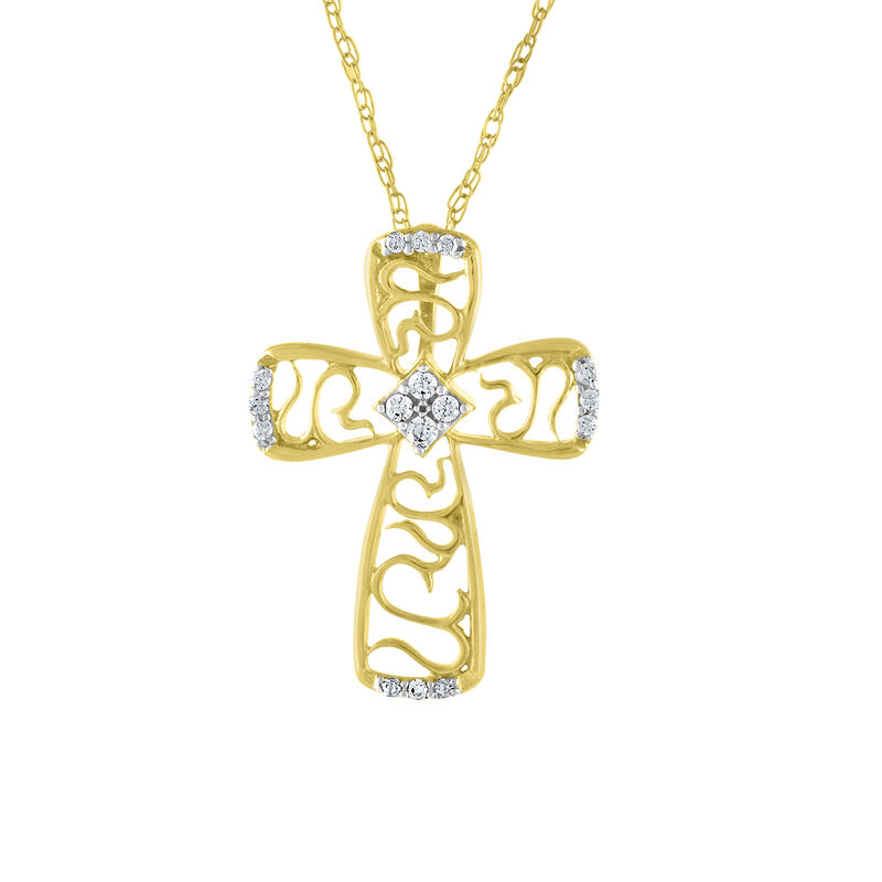 Ladies Open Scroll & White Diamond Design Cross Pendant in 10k Yellow Gold image number null