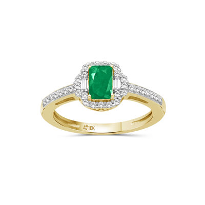 Emerald-Cut Emerald & Diamond Halo Ring in 10k Yellow Gold