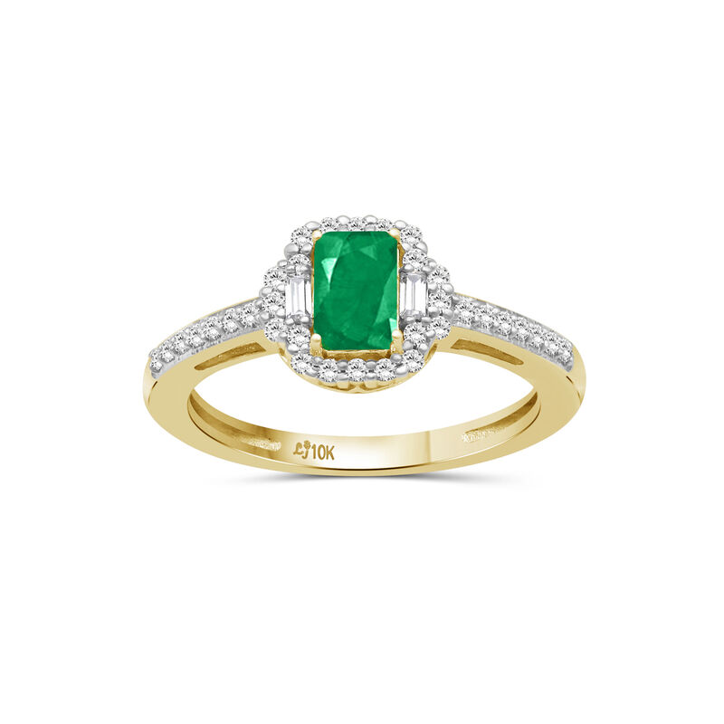 Emerald-Cut Emerald & Diamond Halo Ring in 10k Yellow Gold image number null