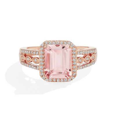 JK Crown® Morganite Emerald-Cut & Diamond Halo Ring in 10k Rose Gold