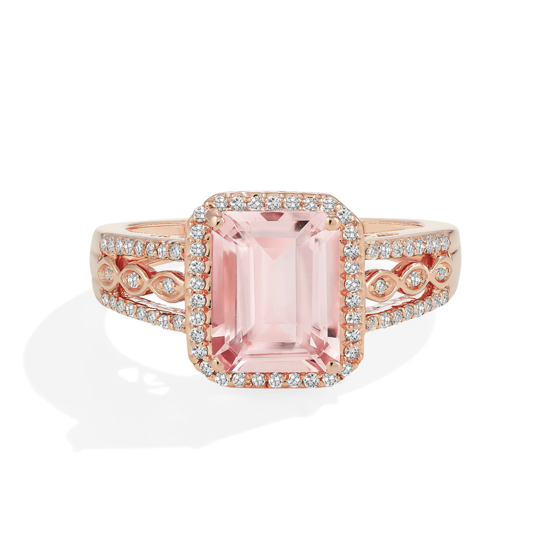 JK Crown® Morganite Emerald-Cut & Diamond Halo Ring in 10k Rose Gold image number null