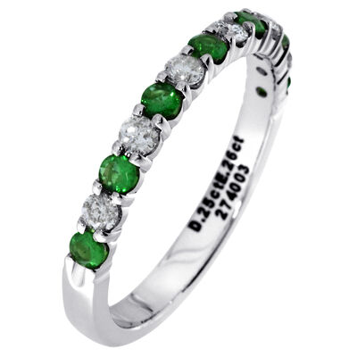 Diamond & Emerald Prong Set 1/4ctw. Band in 14k White Gold