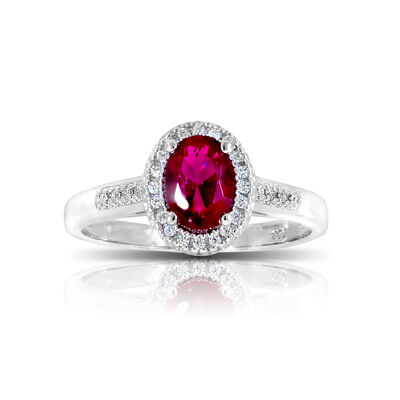 Oval Created Ruby & Diamond Ring in Sterling Silver