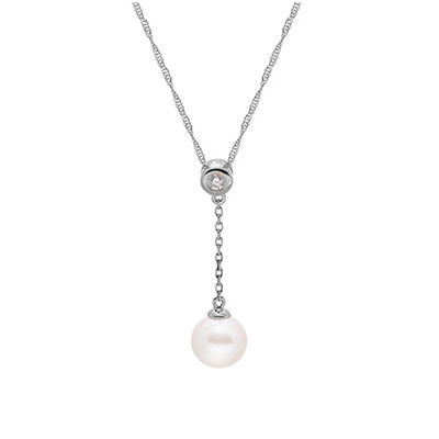 Freshwater Pearl & Diamond Drop Pendant in 10k White Gold
