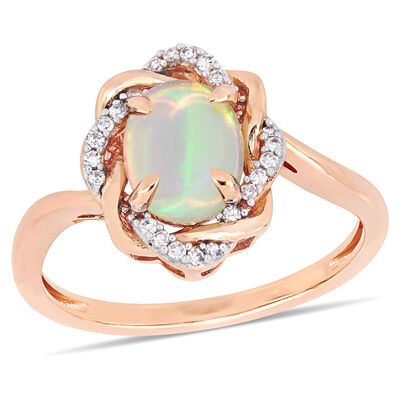 Ethiopian Blue-Hued Opal & Diamond Woven Halo Ring in Rose Gold