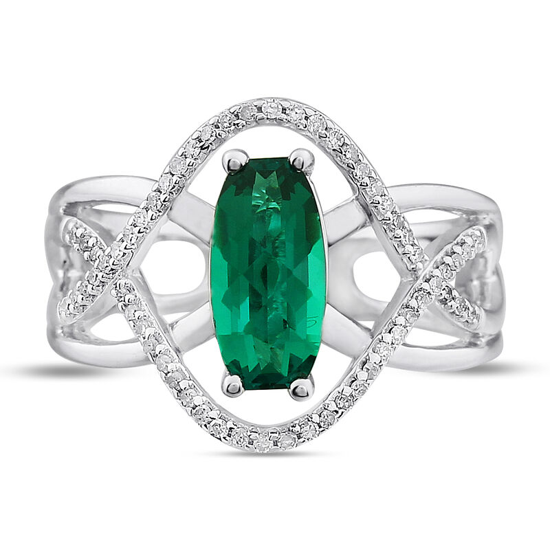 Elongated Oval Created Emerald & Diamond Ring in Sterling Silver image number null
