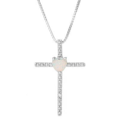 Created Opal Heart Cross Pendant in Sterling Silver