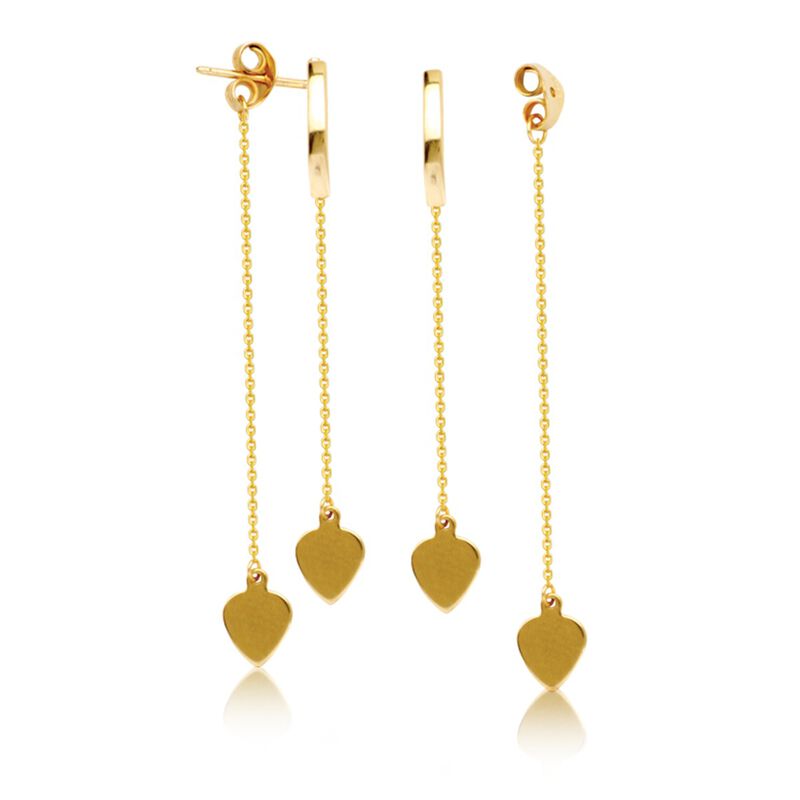 Front-Back Curved Bar & Drop Hearts Dangle Earrings in 14k Yellow Gold image number null