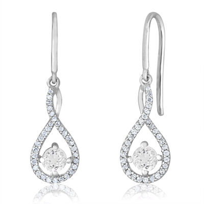 White Topaz Twist Dangle Infinity Diamond Earrings in Sterling Silver