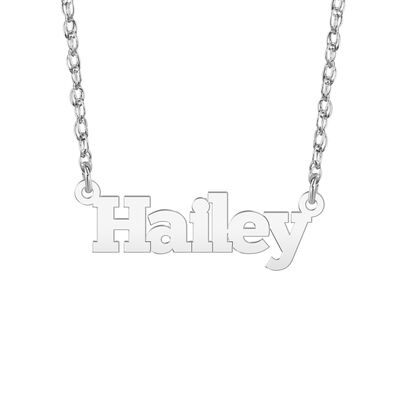 High Polished Block Font Nameplate Necklace in 10k White Gold