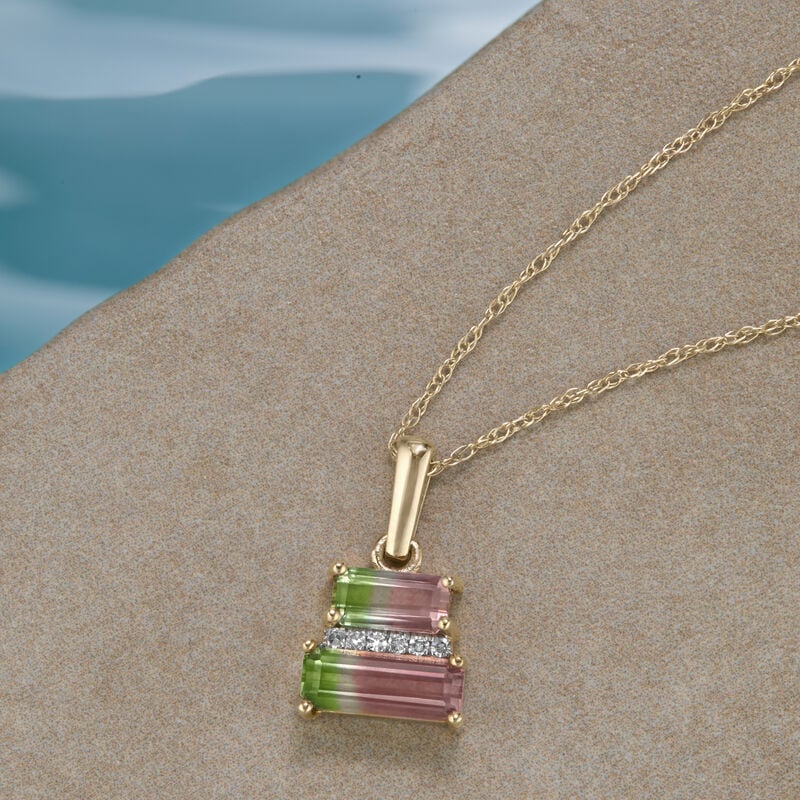 Stacked East-West Watermelon Tourmaline Pendant in 10k Yellow Gold image number null