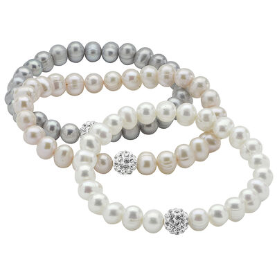 Freshwater Pearl 3-Piece Pink, Gray & White Bracelet Set