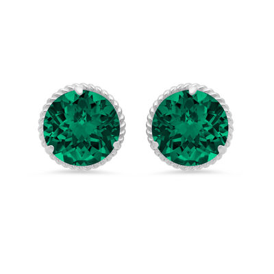 Created Emerald Roped Halo Stud Earrings in 14k White Gold