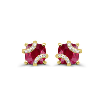 Cushion-Cut Created Ruby & Diamond Earrings in 10k Yellow Gold