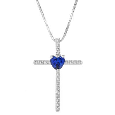 Created Sapphire Heart Cross Pendant in Sterling Silver