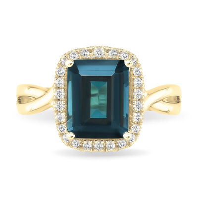 JK Crown London Blue Topaz, Blue & White Diamond Ring in 10k Yellow Gold