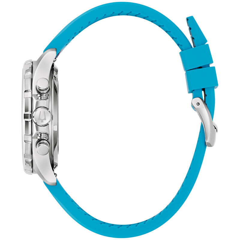 Bulova Men's Marine Star Chronograph Blue Dial With Orange Accents Stainless Steel Blue Leather Strap 43mm Watch 96B460 image number null