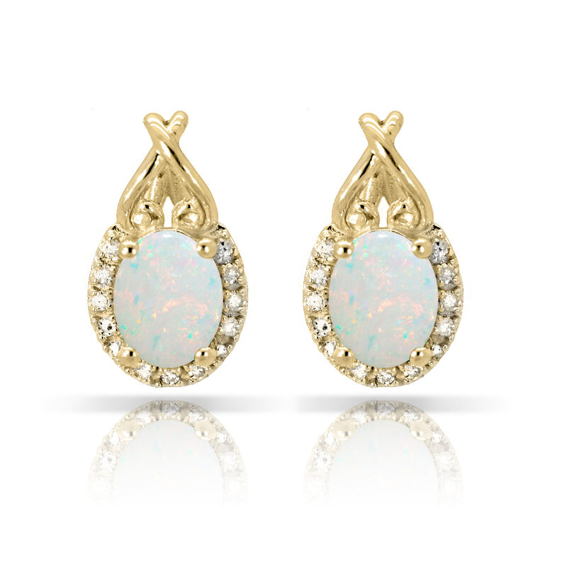 Oval Created Opal & Diamond Halo Stud Earrings in 10k Yellow Gold image number null
