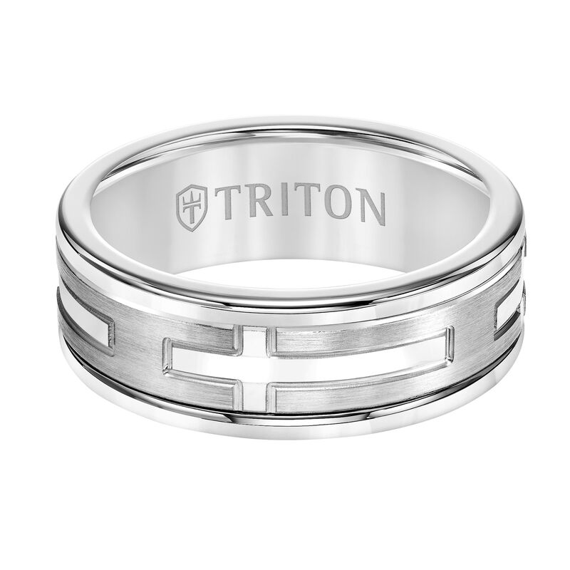Triton Men's 8mm Cross Center White Tungsten Carbide & 14k White Gold Band image number null