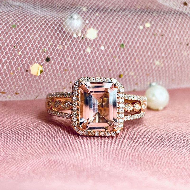 JK Crown® Morganite Emerald-Cut & Diamond Halo Ring in 10k Rose Gold image number null