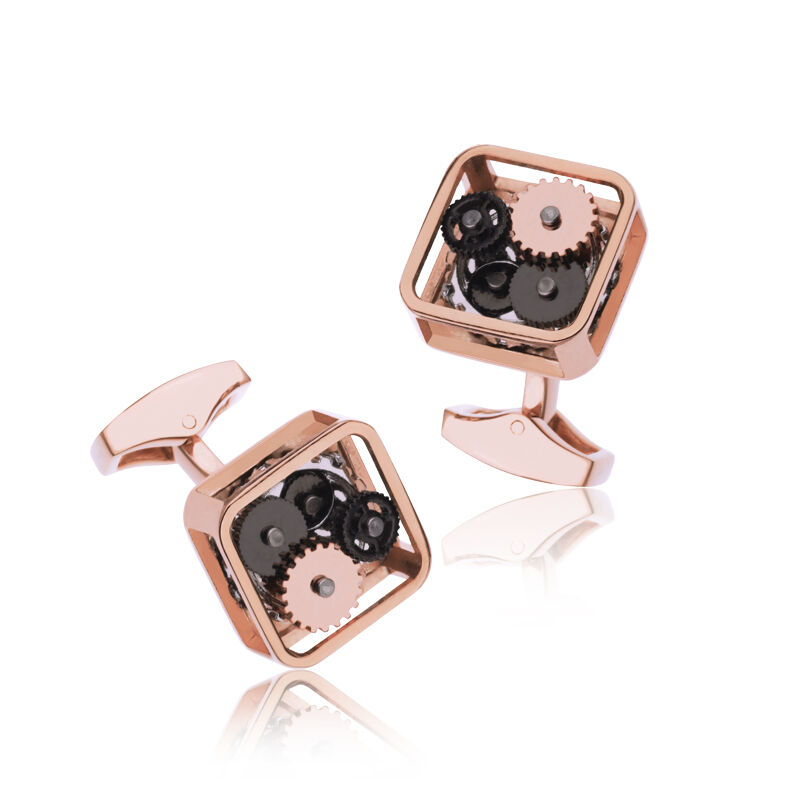 Square Rose Gold Cufflinks with Tri-Color Gears image number null