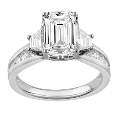 Emerald-Cut Lab Grown 3ctw. Diamond 3-Stone Plus Engagement Ring in 14k White Gold