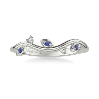 Frida. Artcarved Sapphire & Diamond Petal Accent Wedding Band in 14k White Gold