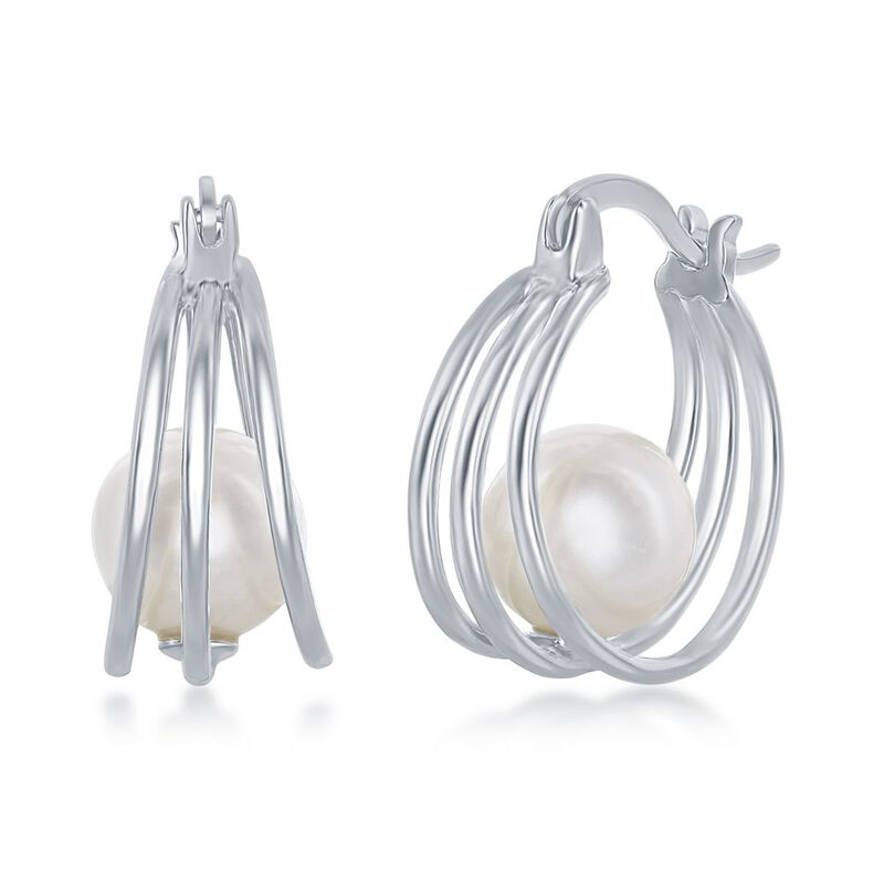 Freshwater Pearl Cradle Triple Hoop Earrings in Sterling Silver image number null