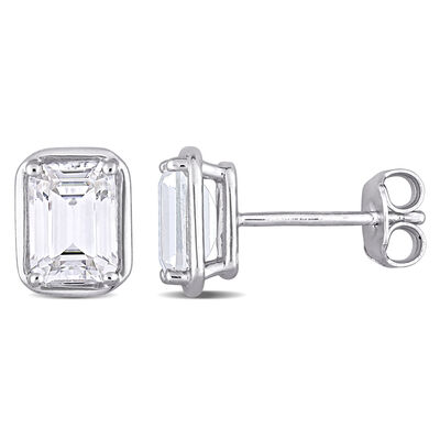 Emerald-Cut Created White Sapphire Prong-Set Bezel Stud Earrings in Sterling Silver