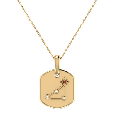 Diamond and Garnet Capricorn  Constellation Zodiac Tag Necklace in 14k Yellow Gold Plated Sterling Silver