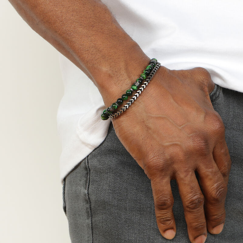 Green Tiger's Eye Bracelet in Antique Finish Stainless Steel image number null