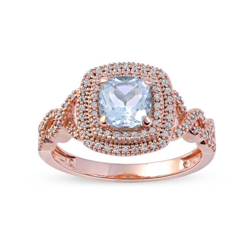 Aquamarine & Diamond Double Halo Ring in 10k Rose Gold image number null