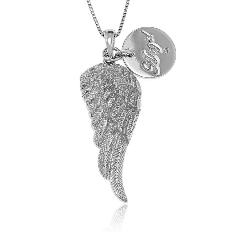 Angel Wing with Diamond Accent Disc Pendant in Sterling Silver image number null