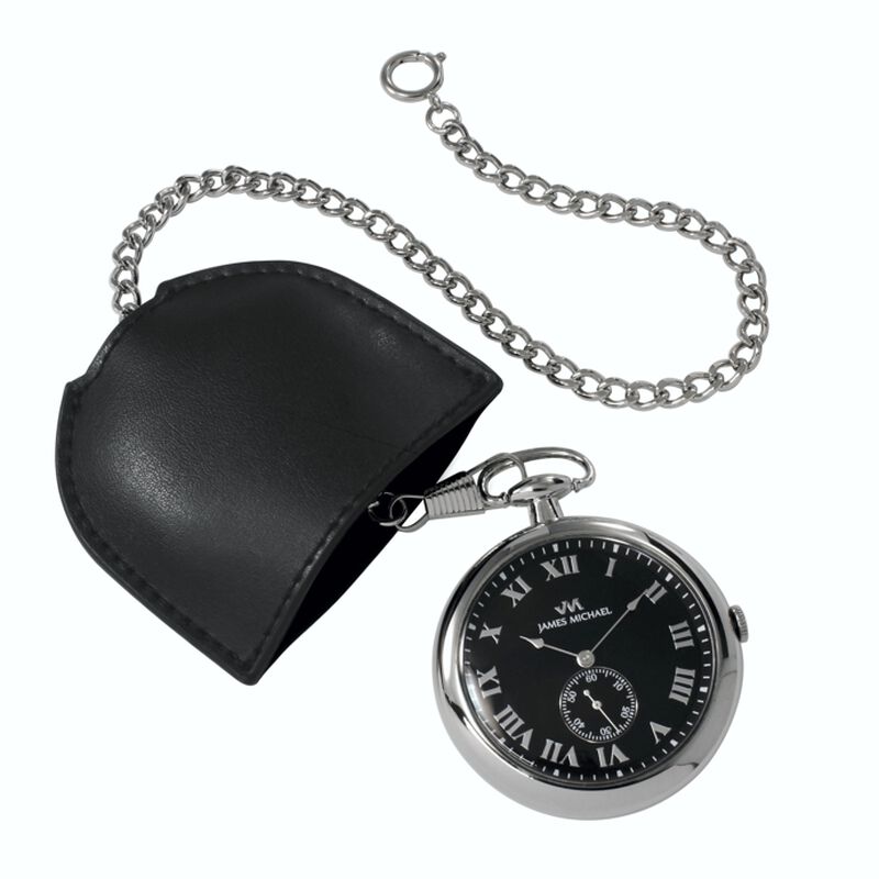 Pocket Watch Open Face Gold Plated Black Dial With Black Leather Pouch image number null