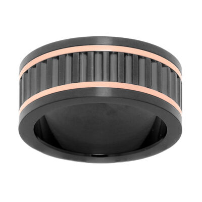Men's 10mm Textured Ring in Black Plated Stainless Steel with Rose IP 