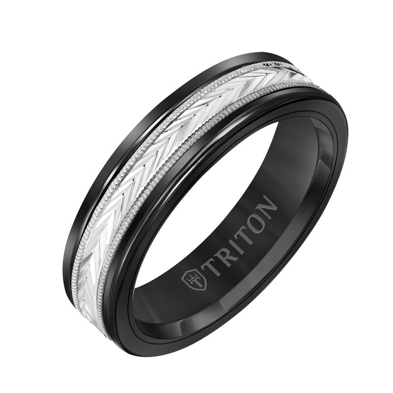 Triton Men's 6mm Black Tungsten Carbide and 14k White Gold Patterned Inlay Wedding Band image number null