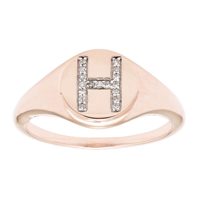 Diamond Initial H Signet Ring in 14k Rose Gold
