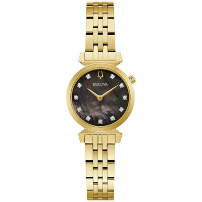 Bulova Ladies' Regatta Black Mother of Pearl Dial Gold Tone Stainless Steel Watch 97P173