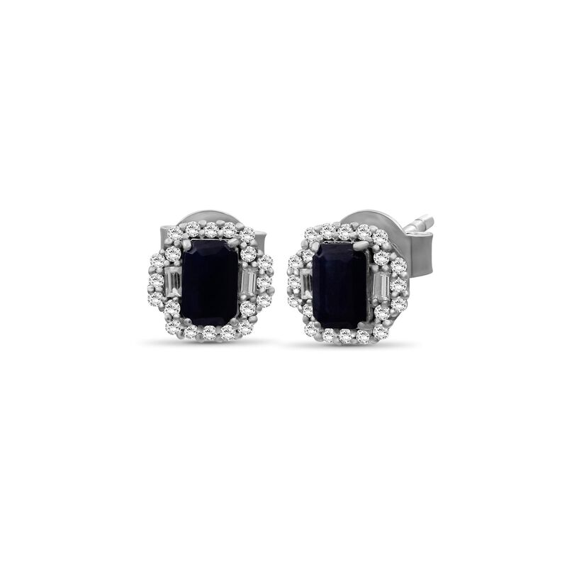 Emerald-Cut Sapphire & Diamond Halo Stud Earrings in 10k White Gold image number null