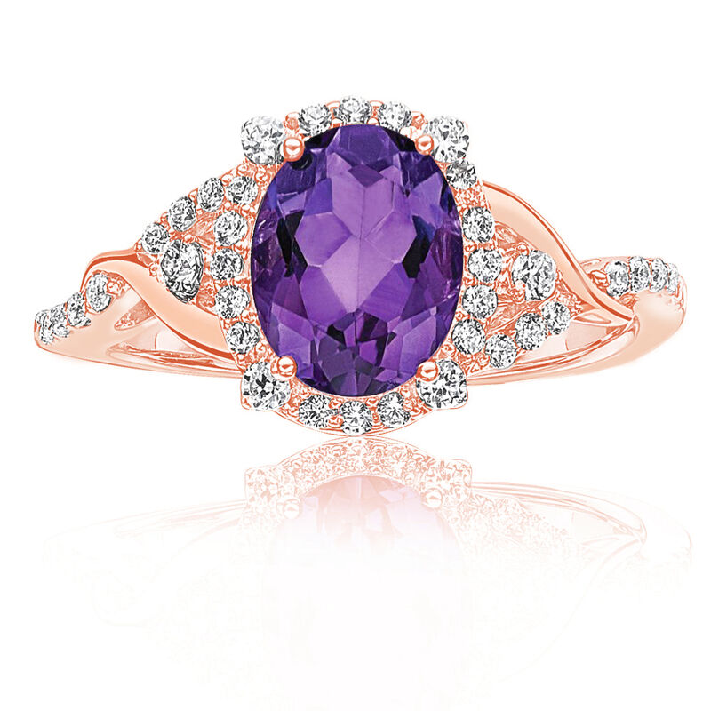 Oval Amethyst & Diamond Halo Fashion Ring in 10k Rose Gold image number null
