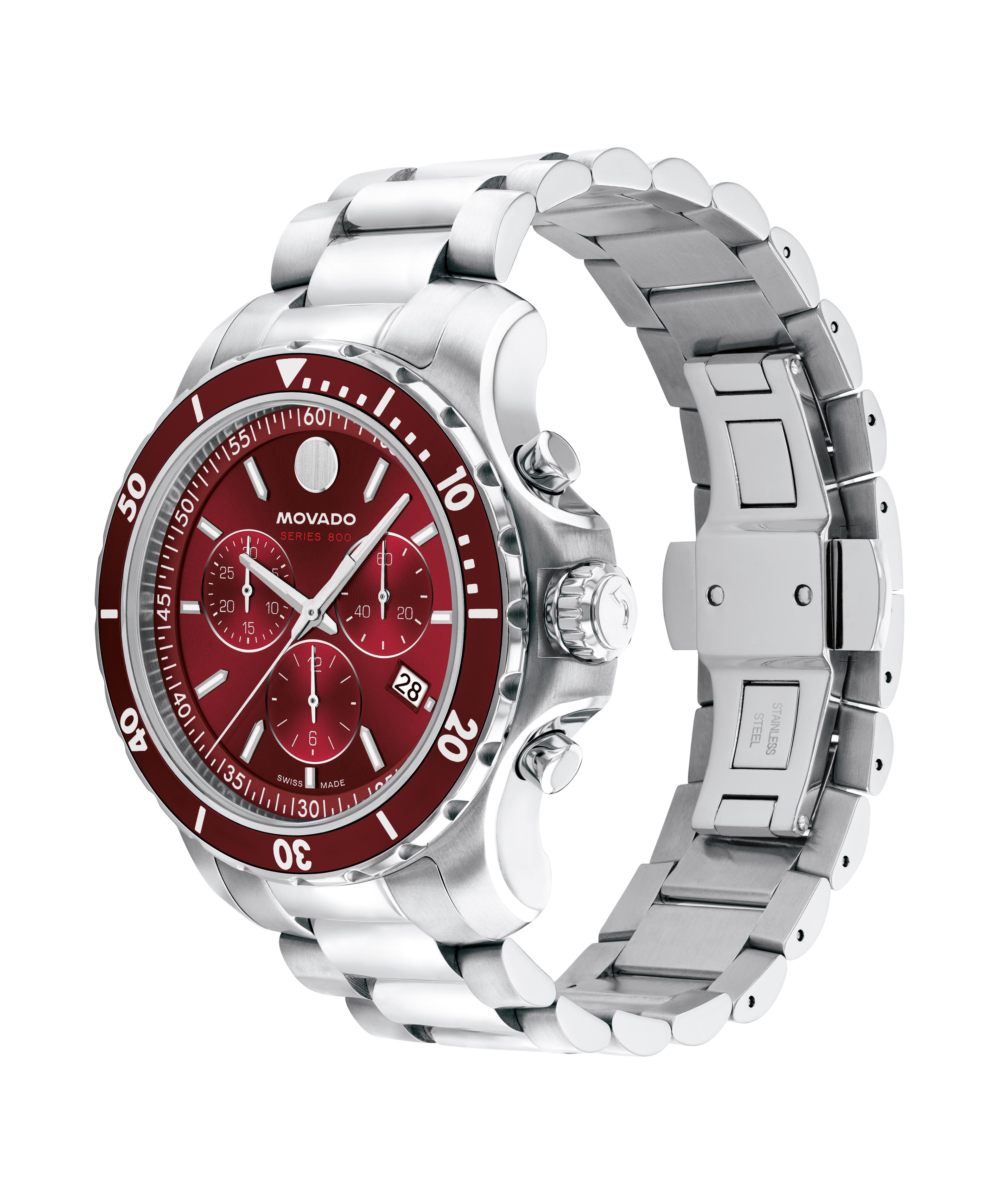 Movado Men's Series 800 Chronograph Deep Red Sunray Dial White