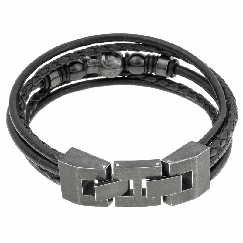 Men's Stainless Steel Skull Black Leather Rope Bracelet image number null